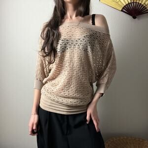 y2k beige tan sheer knit boho off shoulder boatneck slouchy 3/4 sleeve top